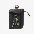AFA11229 - Soft Card Holder | LF300 in Black showing front view with mesh pocket exterior displaying a car key fob and two metal keys on a keyring, zipper closure with pull tab, D-ring attachment loop at top, and diamond-pattern ripstop fabric upper panel with Spigen Life branding label.