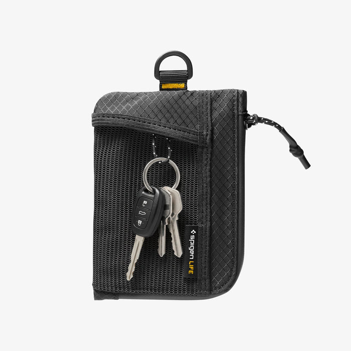 AFA11229 - Soft Card Holder | LF300 in Black showing front view with mesh pocket exterior displaying a car key fob and two metal keys on a keyring, zipper closure with pull tab, D-ring attachment loop at top, and diamond-pattern ripstop fabric upper panel with Spigen Life branding label.