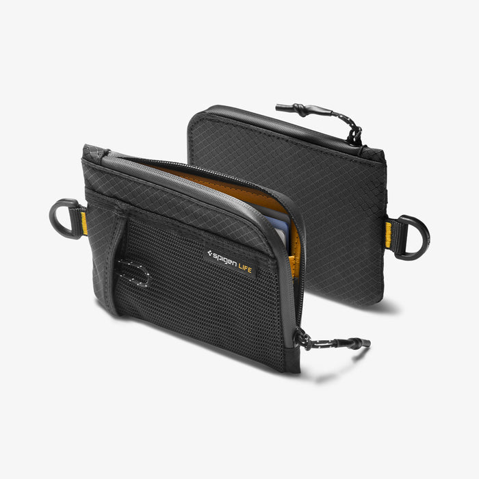 AFA11229 - Soft Card Holder | LF300 in Black showing two units side by side, with the front unit open displaying a card and yellow interior lining, and the rear unit showing the diamond-pattern ripstop back panel, both with D-ring attachments and zipper pull tabs.