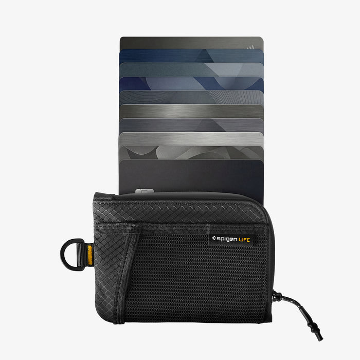 AFA11229 - Soft Card Holder | LF300 in Black showing front view with zipper open and multiple cards fanned out above the wallet, displaying the mesh exterior, Spigen Life logo, and D-ring attachment on the left side.