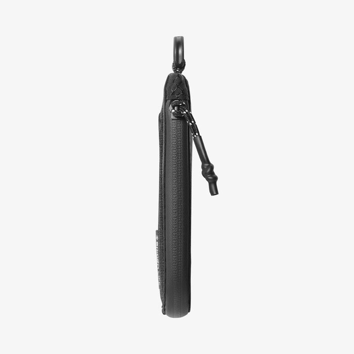 AFA11229 - Soft Card Holder | LF300 in Black showing side profile view with zipper closure, braided zipper pull tab, and D-ring carabiner hook at the top.