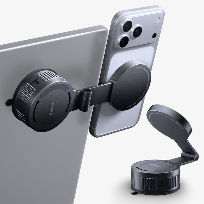 ACP11659 - Adhesive Dashboard Car Mount | MFT35-1 (Mag Fit) showing a phone attached to the ring by magnet, mounted on a flat surface with a folded mount beside it