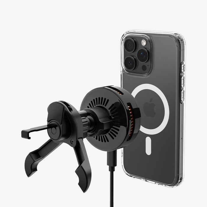 ACP10511 - Spigen Essential Qi2.2 Hook Car Mount (Mag Fit) showing the back with device hovering in front