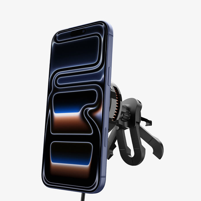 ACP10511 - Spigen Essential Qi2.2 Hook Car Mount (Mag Fit) showing the front and side with device attached