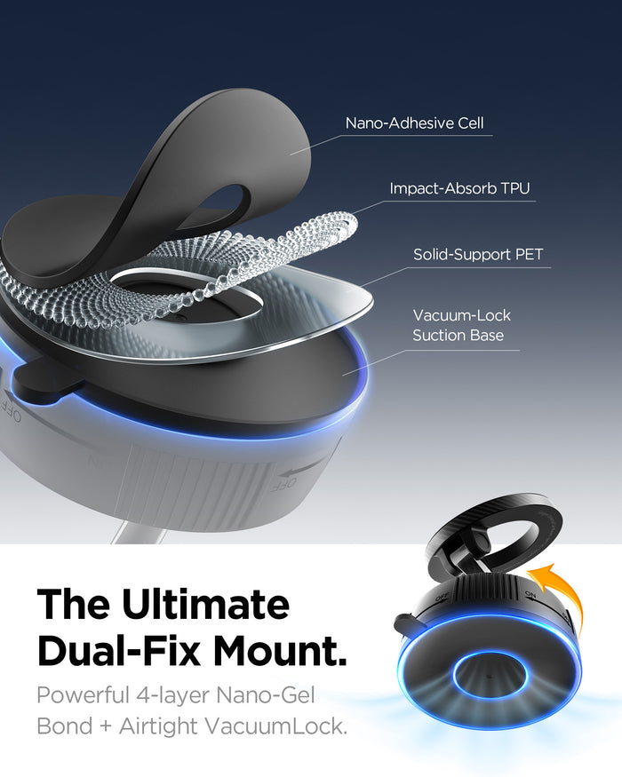 ACP11172 - Spigen Mag Fit Suction Cup Mount showing dual fix nano gel layers and vacuum lock suction base construction