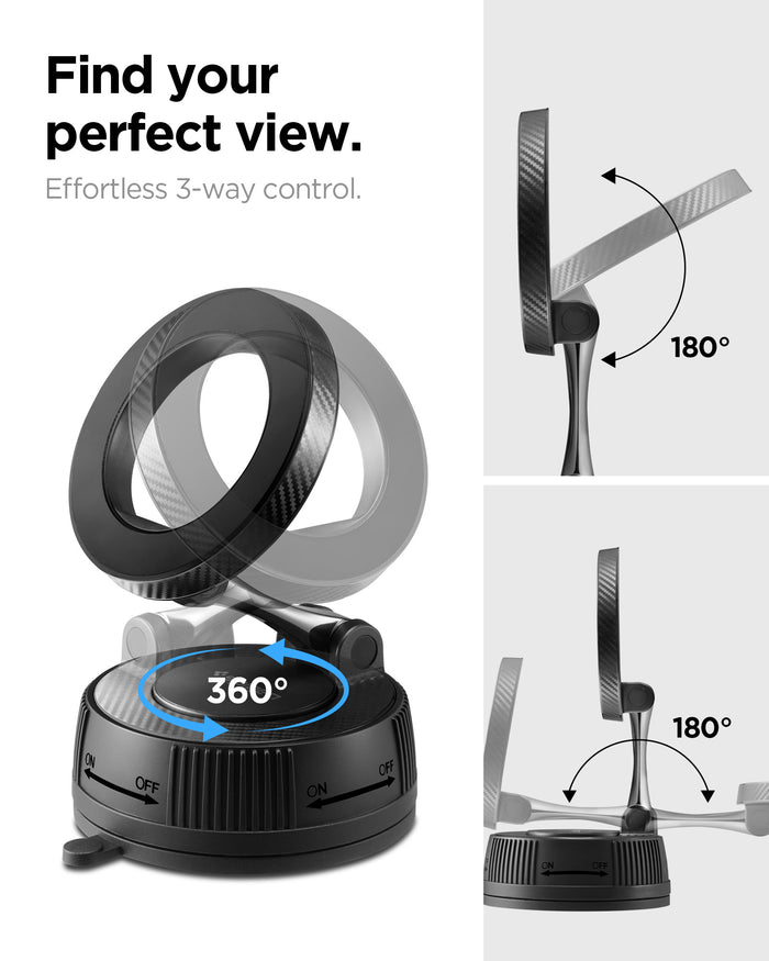 ACP11172 - Spigen Mag Fit Suction Cup Mount showing 360 degree rotating base and 180 degree adjustable arm for flexible viewing angles