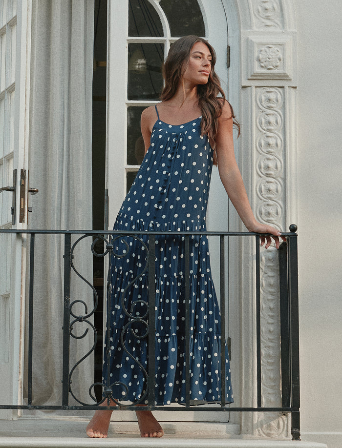 Angela wearing the Spot Tiered Maxi Nightgown
[model: Angela wears size S |  Height: 174cm/ 5’7" | Bust: 81cm | Waist: 64cm | Hips: 91cm]
