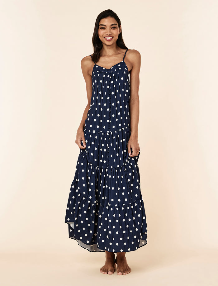 Cece wearing the Spot Tiered Maxi Nightgown
[model: Cece wears size S |  Height: 178cm
/ 5’10” | Bust: 76cm | Waist: 61cm | Hips: 89cm]