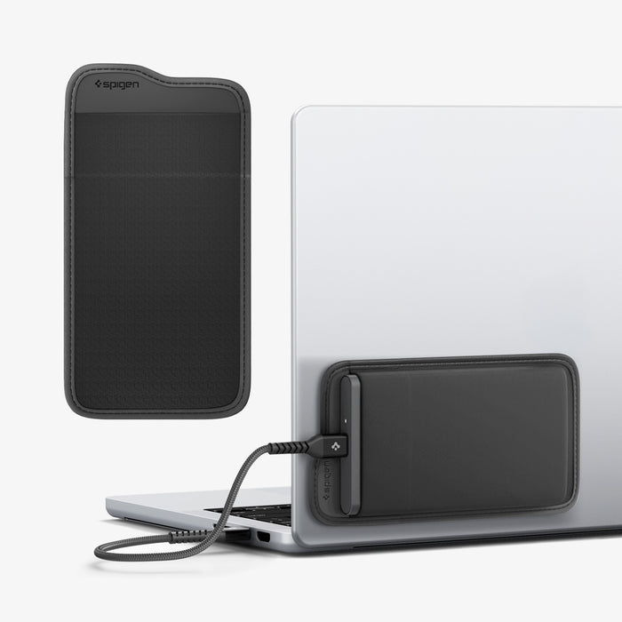 APP11228 - SSD/HDD Holder | LD221 in Black showing attached to laptop back panel with USB-C cable connected and standalone product render displayed side by side