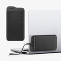 APP11228 - SSD/HDD Holder | LD221 in Black showing attached to laptop back panel with USB-C cable connected and standalone product render displayed side by side