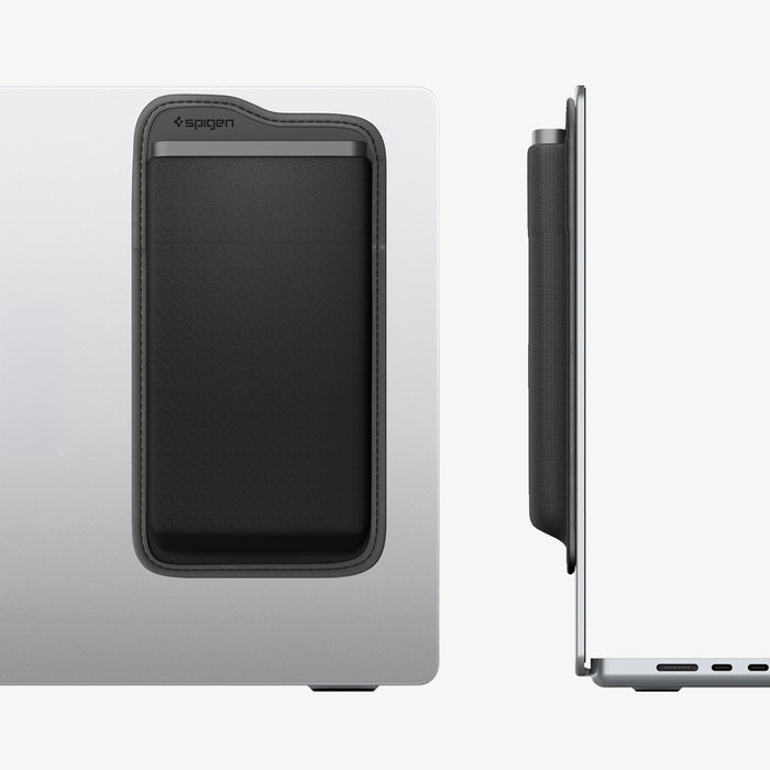 APP11228 - SSD/HDD Holder | LD221 in Black showing mounted on MacBook back panel with slim side profile view highlighting low-profile adhesive attachment