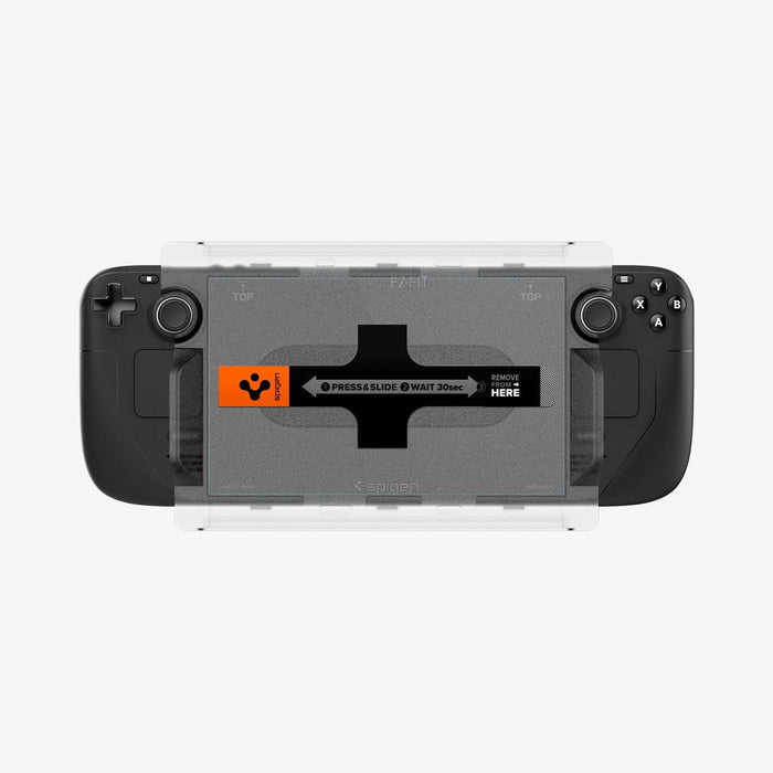 AGL05600 - Steam Deck Screen Protector EZ FIT GLAS.tR showing the ez fit tray installed on front of device