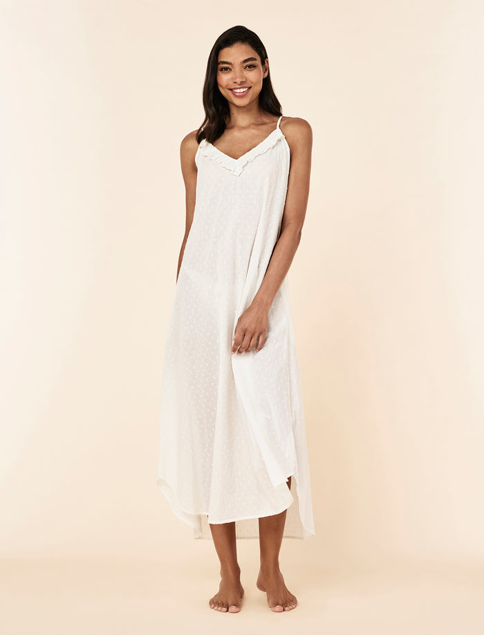 Cece wearing the Swiss Dot Lace Frill Maxi Nightgown
[model: Cece wears size S |  Height: 178cm
/ 5’10” | Bust: 76cm | Waist: 61cm | Hips: 89cm]