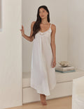 Zoey wearing the Swiss Dot Lace Front Maxi Nightgown
[model: Zoey wears size S |  Height: 172cm/ 5’7” | Bust: 80cm | Waist: 62cm | Hips: 89.5cm]