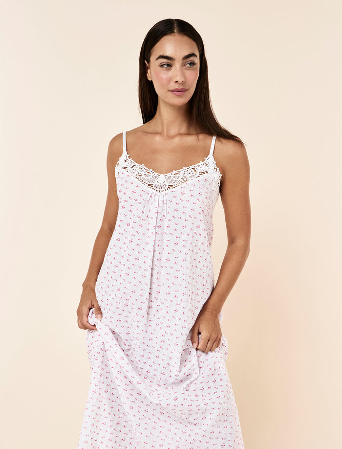 Swiss Dot Lace Front Maxi Nightgown