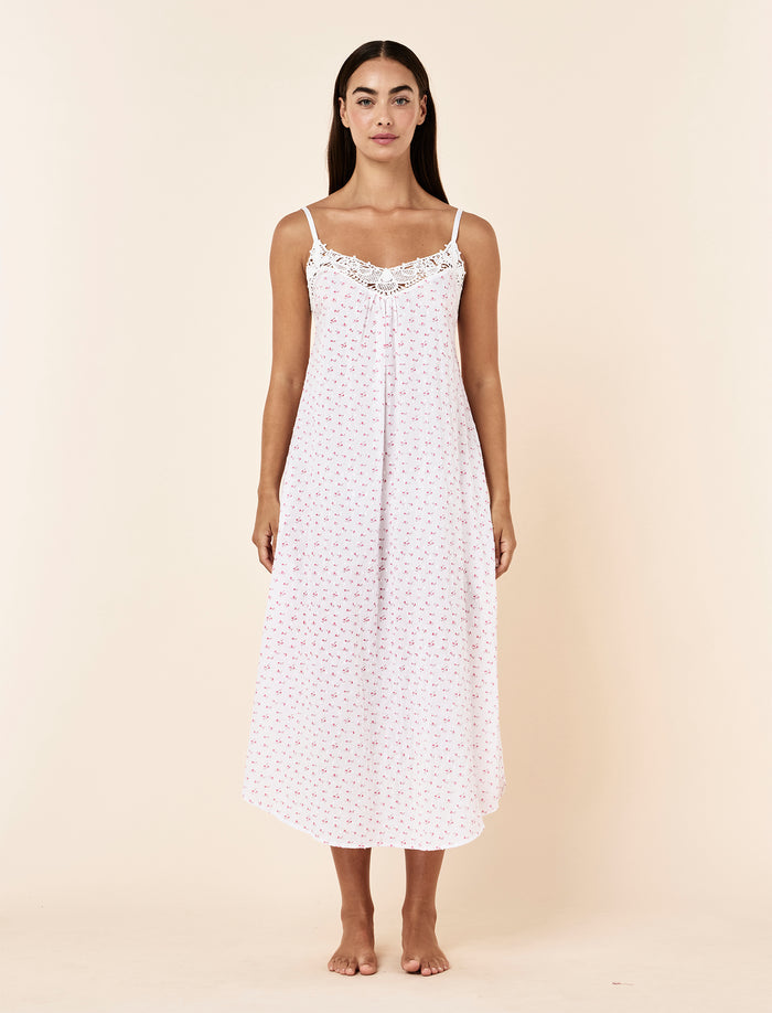 Swiss Dot Lace Front Maxi Nightgown