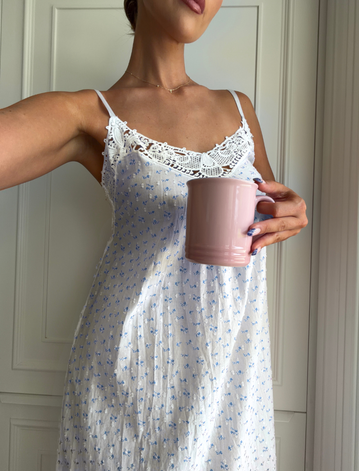 Swiss Dot Lace Front Midi Nightgown