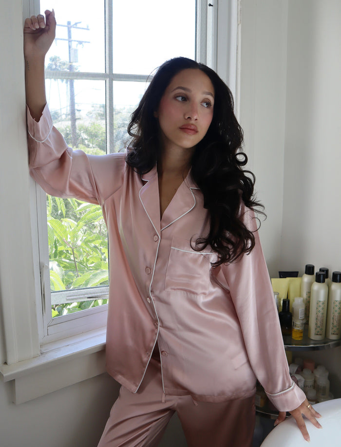 Sylvie Silk Piped Full Length PJ Set