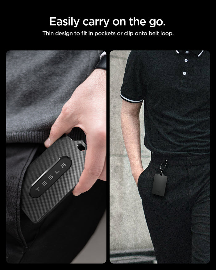 ACP07175 - Tesla key card holder carried in a pocket and clipped to a belt loop showing slim carbon fiber style design for easy everyday portability