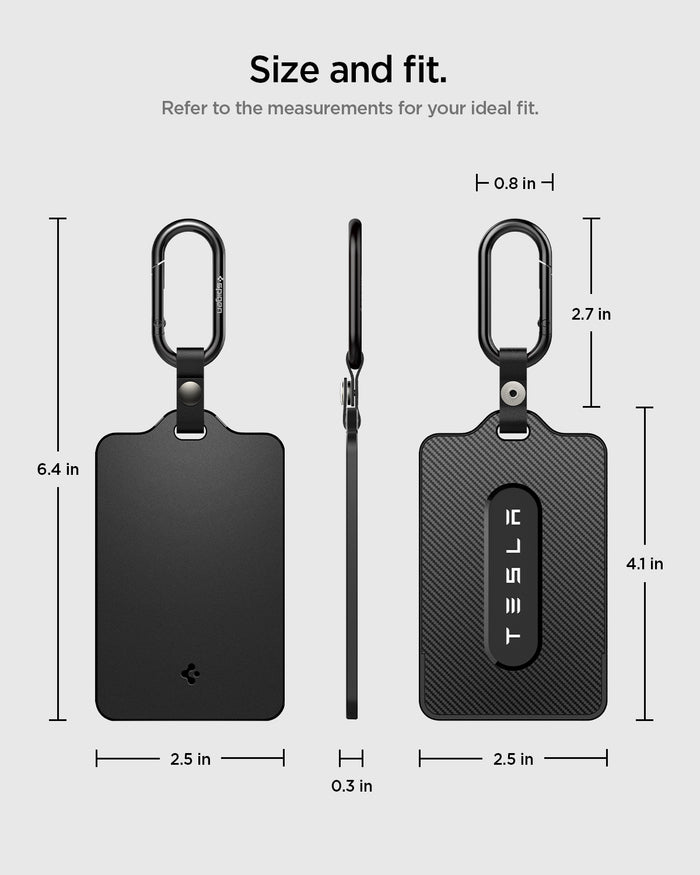 ACP07175 - Tesla key card holder size and fit diagram showing front side and profile with labeled dimensions for height width thickness and carabiner size