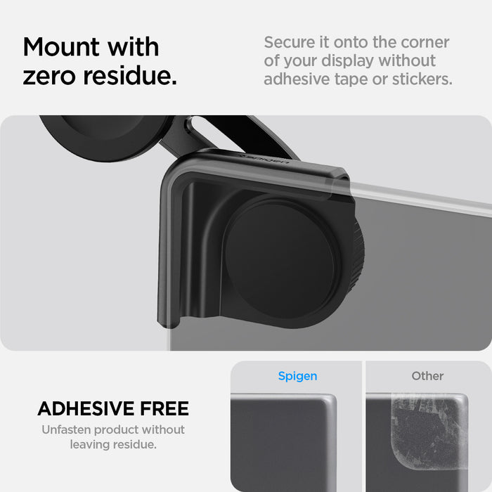 ACP07869 - Tesla Models OneTap Screen Car Mount ITLST90 (MagFit) Mount with zero residue and adhesive free. Secure it onto the corner of your display without adhesive tape or stickers. Shows the difference between Spigen and other products.