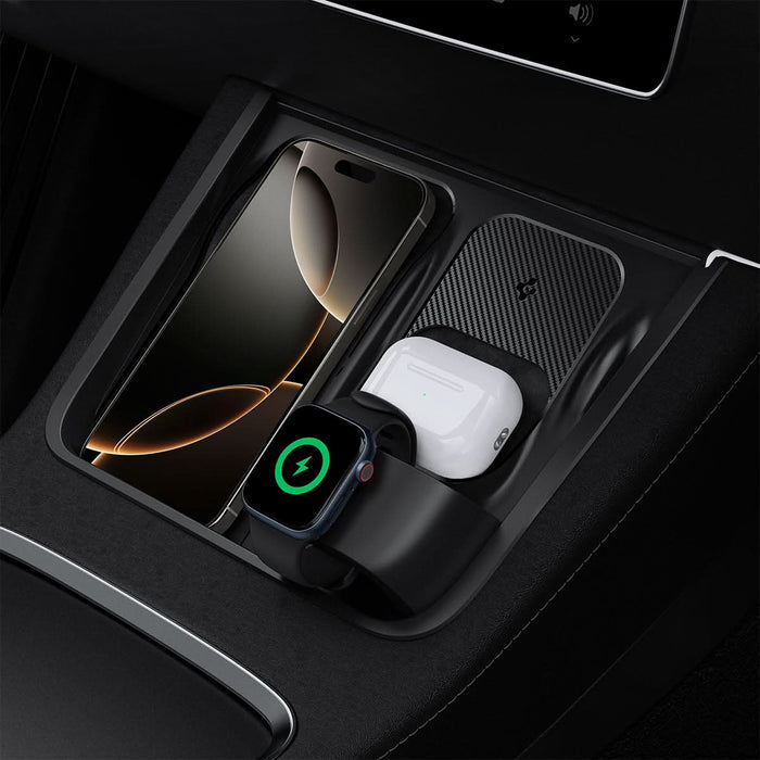 ACP09019 -  3 in 1 Charging Organizer | TO272 Model 3 (2021 - 2023) showing phone and apple watch and airpods charging