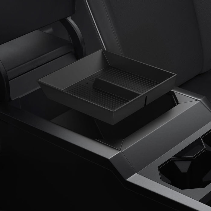 ACP07810 - Tesla Cybertruck Center Console Organizer Tray CO220B in Black showing install in the car
