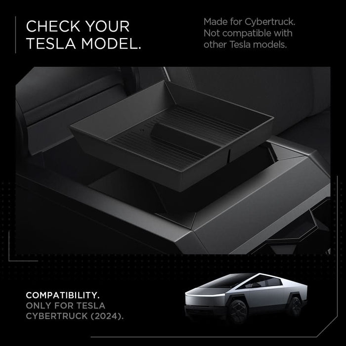 ACP07810 - Tesla Cybertruck Center Console Organizer Tray CO220B in Black showing check your tesla model