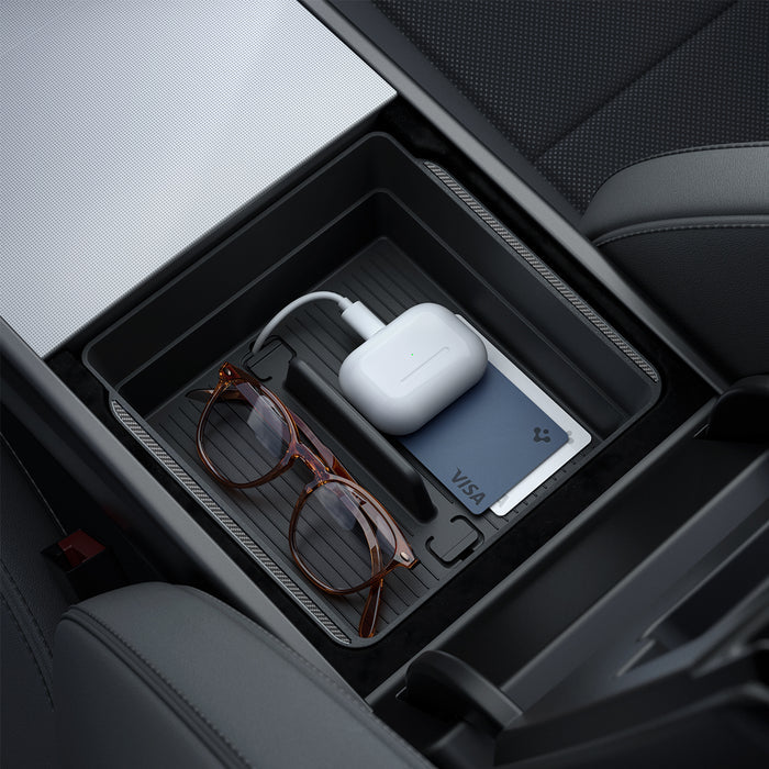 ACP07409 - Tesla Model 3 Armrest Console Organizer TO224H in Black showing the top view inside of car with airpods and sunglasses