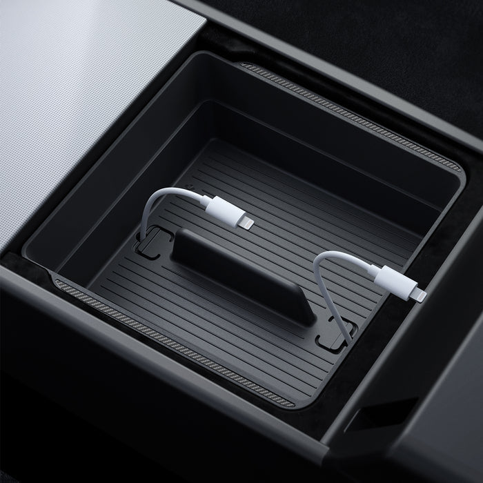 ACP07409 - Tesla Model 3 Armrest Console Organizer TO224H in Black showing the top view inside of car