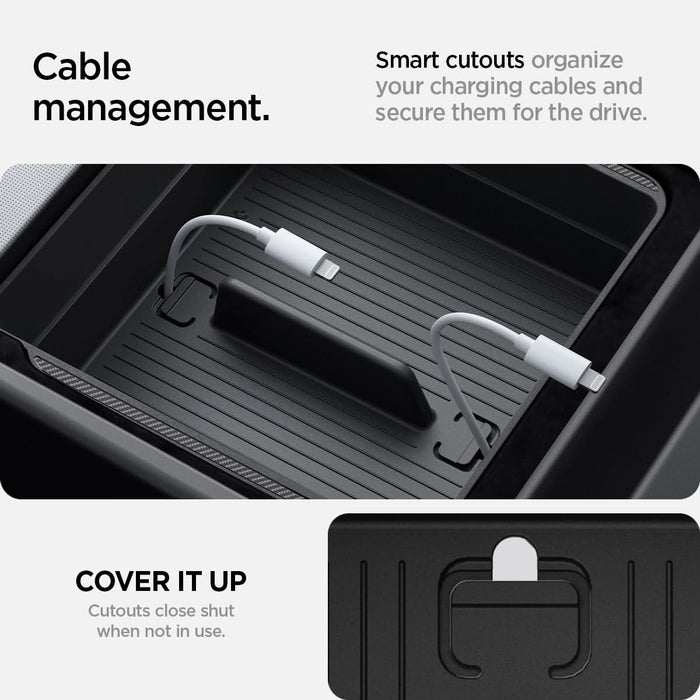 ACP07409 - Tesla Model 3 Armrest Console Organizer TO224H in Black showing the cable manager. Smart cutouts organize your charging cables and secure them for the drive.  Cutouts close shut when not in use