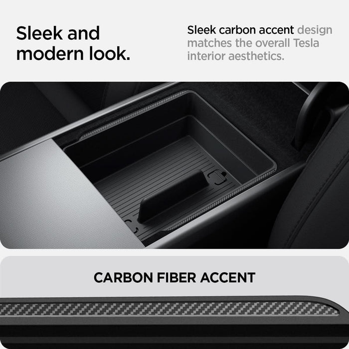 ACP07409 - Tesla Model 3 Armrest Console Organizer TO224H in Black showing the sleek and modern carbon fiber accent design that matches the overall Tesla interior aesthetics.