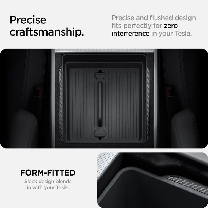 ACP07409 - Tesla Model 3 Armrest Console Organizer TO224H in Black showing the precise form-fitted craftmanship. Precise and flushed design fits perfectly for zero interference with sleek design that blends with your Tesla.
