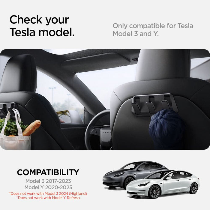 ACP09201 - Tesla Model 3 (2017-2023) Car Seat Hook TO283 in Black showing the compatibility. Only compatible for Tesla Model 3 and Y. Compatible with Model 3 2017-2023, Model Y 2020-2025