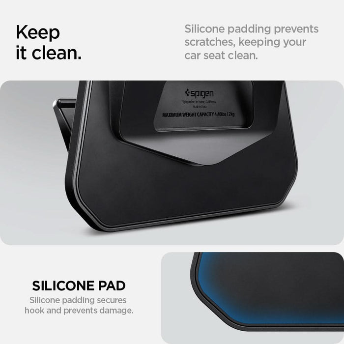 ACP09201 - Tesla Model 3 (2017-2023) Car Seat Hook TO283 in Black showing how keeping it clean. Silicone padding prevents scratches, keeping your car seat clean. Silicone padding secures hook and prevent damage