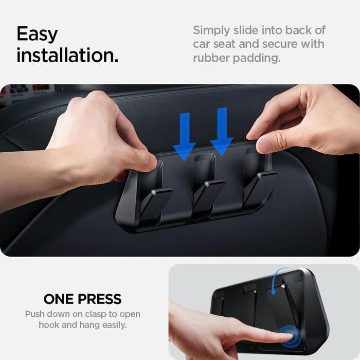 ACP09201 - Tesla Model 3 (2017-2023) Car Seat Hook TO283 in Black showing the easy installation. Simply slide into back of car seat and secure with rubber padding. One press. Push down on clasp open hook and hang easily