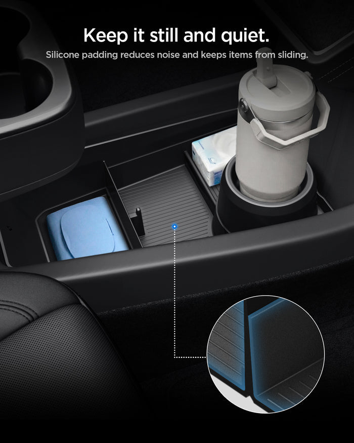 ACP11169 - Tesla Series - Center Console Organizer Lower Tray | TO220LYS in Black showing keep it still and quiet