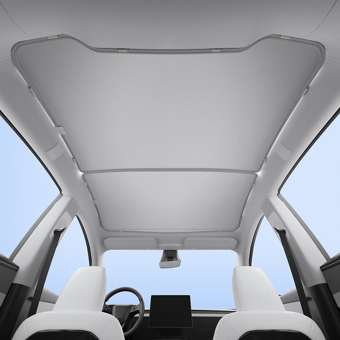 ACP09568 - Model Y (2025) CryoShade Sunroof in Gray showing the roof of the tesla with the shade