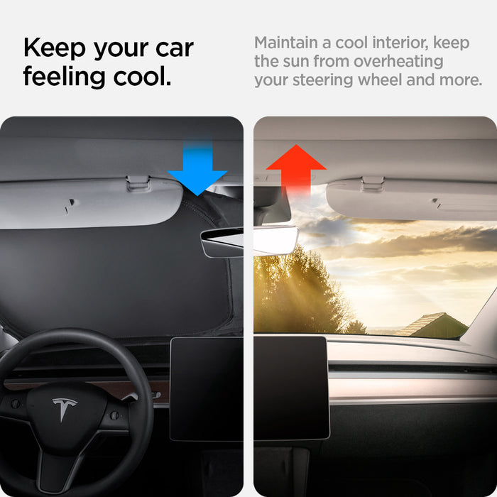 ACP06160 - Tesla Model 3 & Y Cryo Shade in black keep your car feeling cool. Maintain a cool interior, keep the sun from overheating your steering wheel and more.
