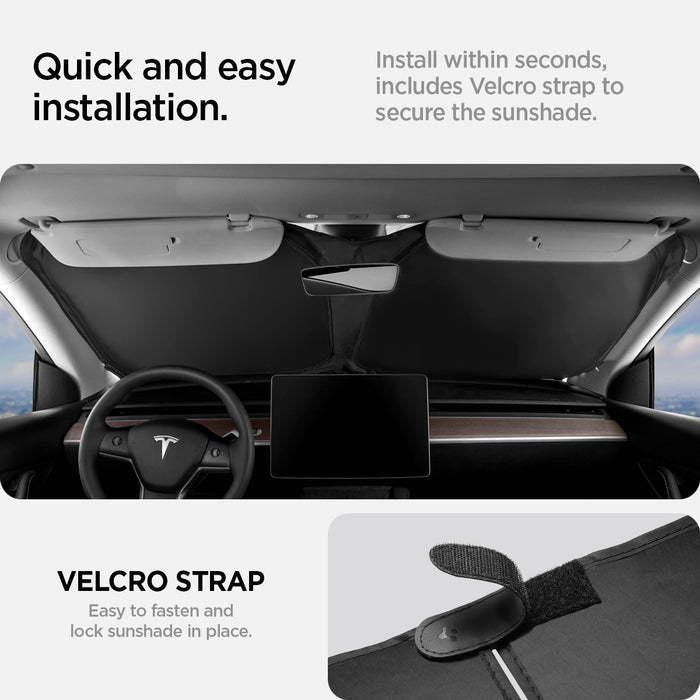ACP06160 - Tesla Model 3 & Y Cryo Shade in black quick and easy installation. install within seconds, includes Velcro strap to secure the sunshade. Velcro strap. easy to fasten and lock sunshade in place.
