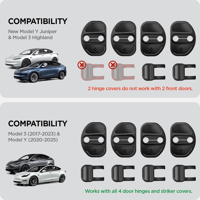 ACP07123 - Tesla Model Y & 3 Door Lock Cover TO320 in Black compatibility. New model Y juniper & Model 3 Highland. 2 hinge covers do not work with 2 front doors. compatibility. Model 3 (2017-2023) & Model Y (2020-2025) works with all 4 door hinges and striker covers.