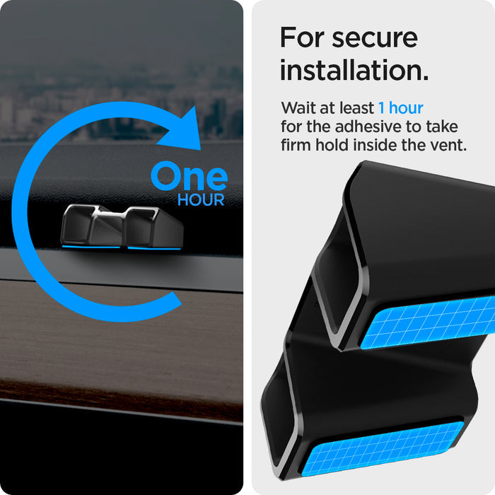 ACP05265 - Tesla Model 3 & Y Airfreshner Adapter in black showing the for secure installation wait 1 hour for adhesive to stick