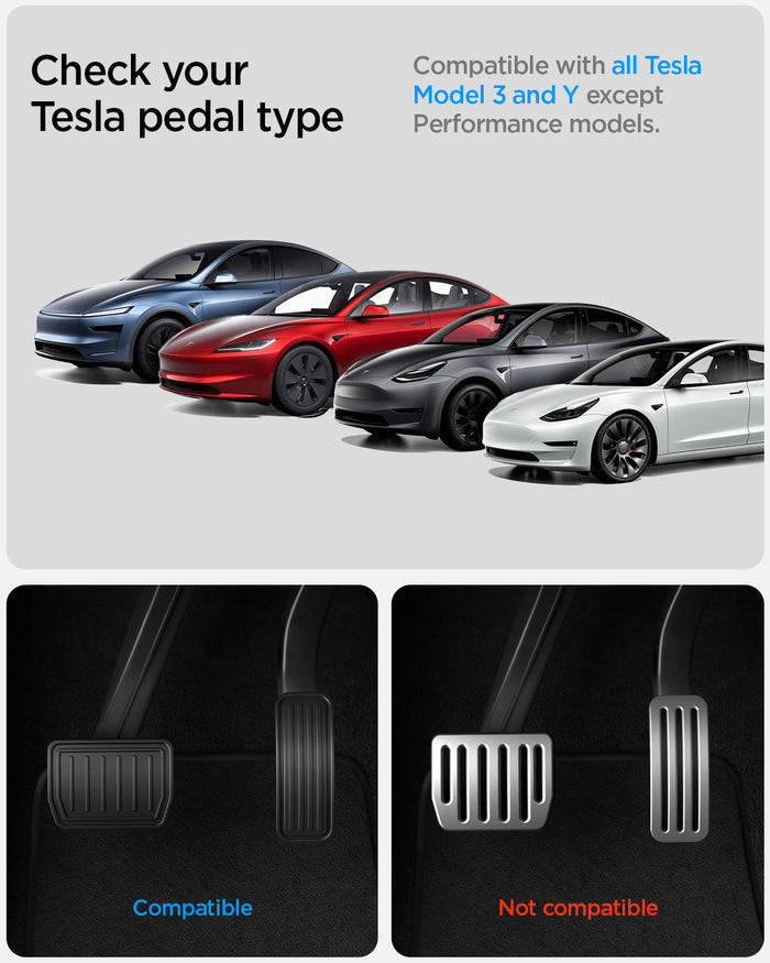 ACP04510 - Tesla Series - Pedal Cover | TO200 showing the compatibility will all Tesla Model 3 and Y except performance model