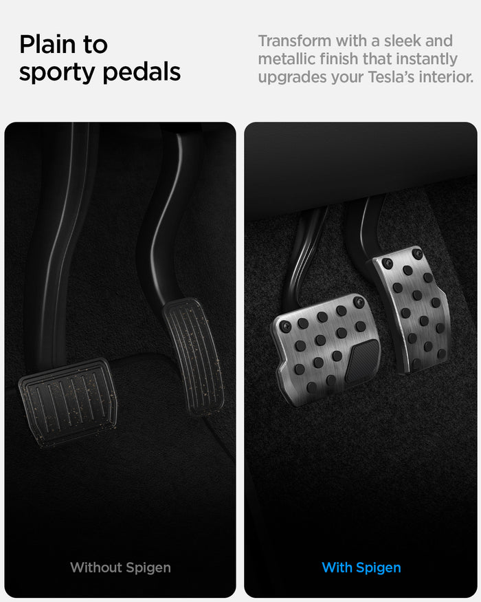 ACP04510 - Tesla Series - Pedal Cover | TO200 showing the plain to sporty pedals. Transform with a sleek and metallic finish that instantly upgrades your Tesla's interior