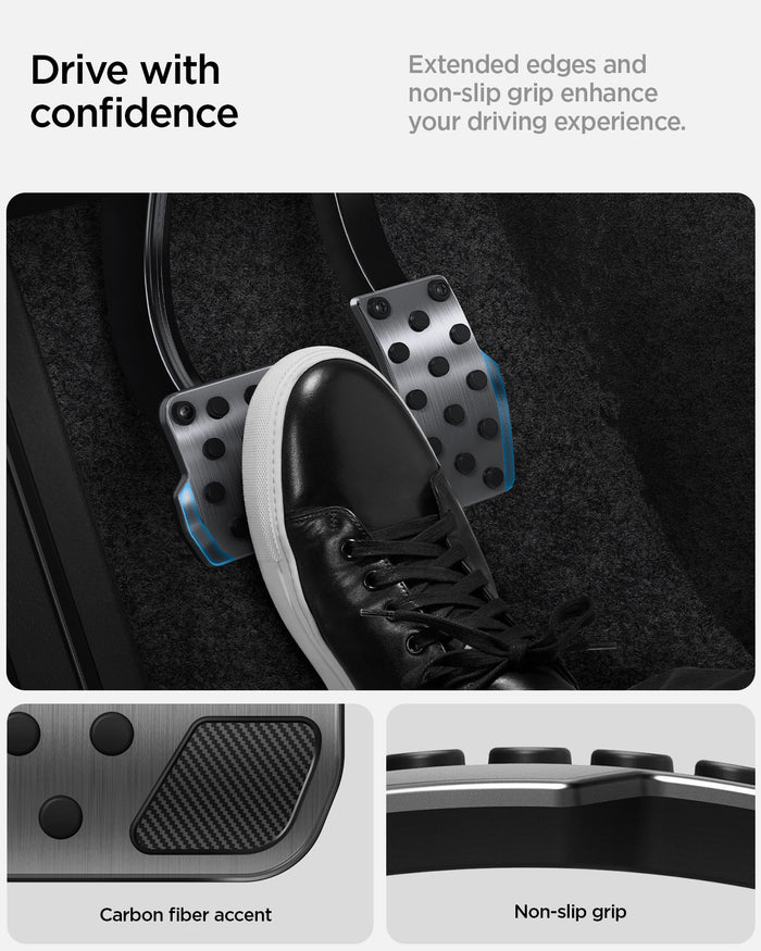ACP04510 - Tesla Series - Pedal Cover | TO200 showing the extended edges and non-slip grip enhance your driving experience with carbon fiber accent and non-slip grip
