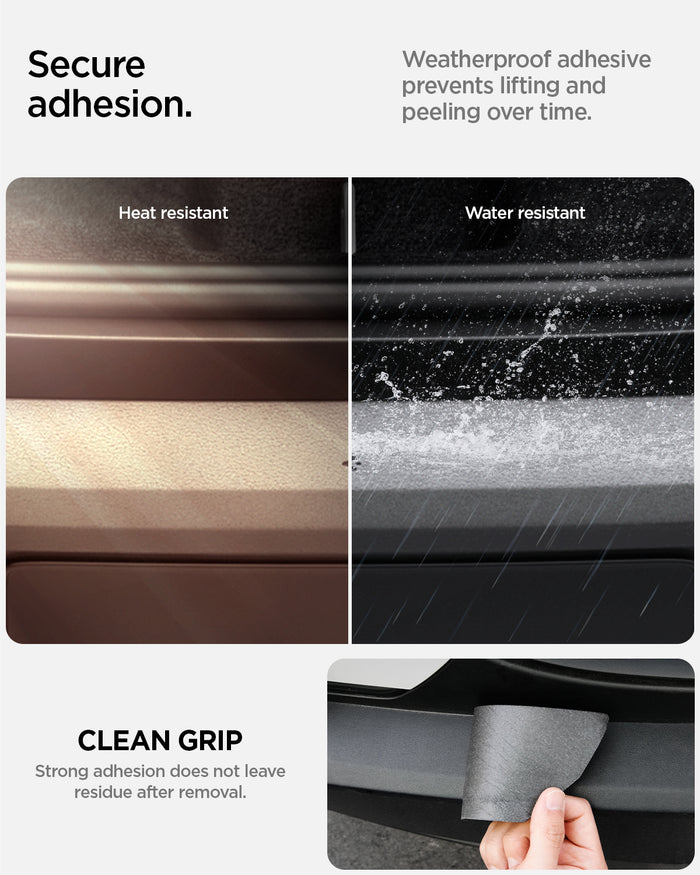 ACP10618 - Model Y Juniper (2025+) Rear Bumper Guard | TG200-YJ showing the secure adhesion. Weatherproof adhesive prevents lifting and peeling over time. Strong adhesion does not leave residue removal