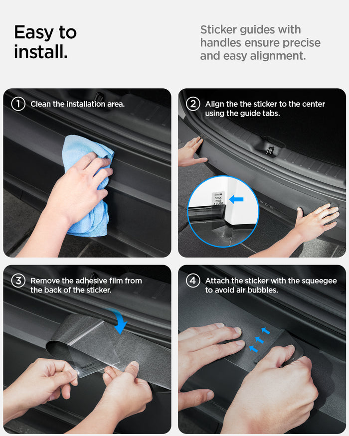 ACP10618 - Model Y Juniper (2025+) Rear Bumper Guard | TG200-YJ showing the easy installation. Sticker guides with handles ensure precise and easy alignment. 
1. clean the installation area 2. Align the sticker to the center using the guide tabs 3. Remove the adhesion film from the back of the sticker 4. Attach the sticker with the squeegee to avoid air bubbles