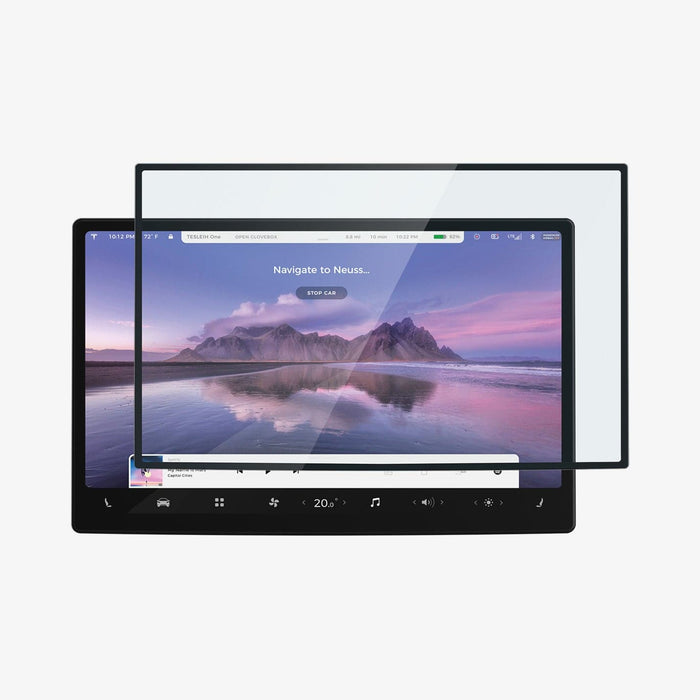 AGL04688 - Tesla Model S / X Screen Protector EZ FIT GLAS.tR showing the front with screen protector hovering in front of screen and screen display on