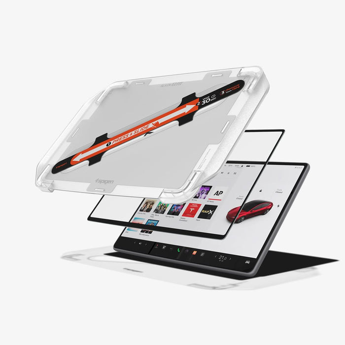 AGL10654 -  Tesla Series - Screen Protector GLAS.tR EZ Fit 15.4 showing the installation tray hovering above the screen protector and the vehicle monitor screen