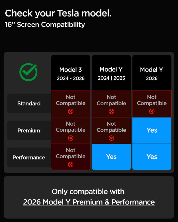 AGL10819 - Model Y Juniper (2025+) Screen Protector GLAS.tR EZ Fit | Anti-Glare 16 inch showing a compatibility chart